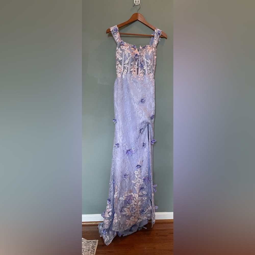 NWT Elegant Lavender Floral Gown Split Hem, 3D Floral Appliqués over Lace- Small